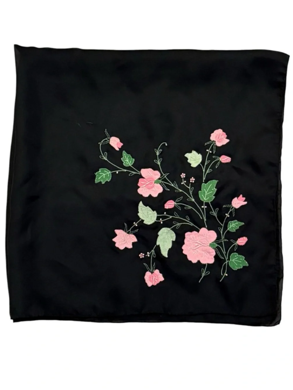 🫶🏻 Embroidered Floral Silk Scarf - Black with Pink & Green